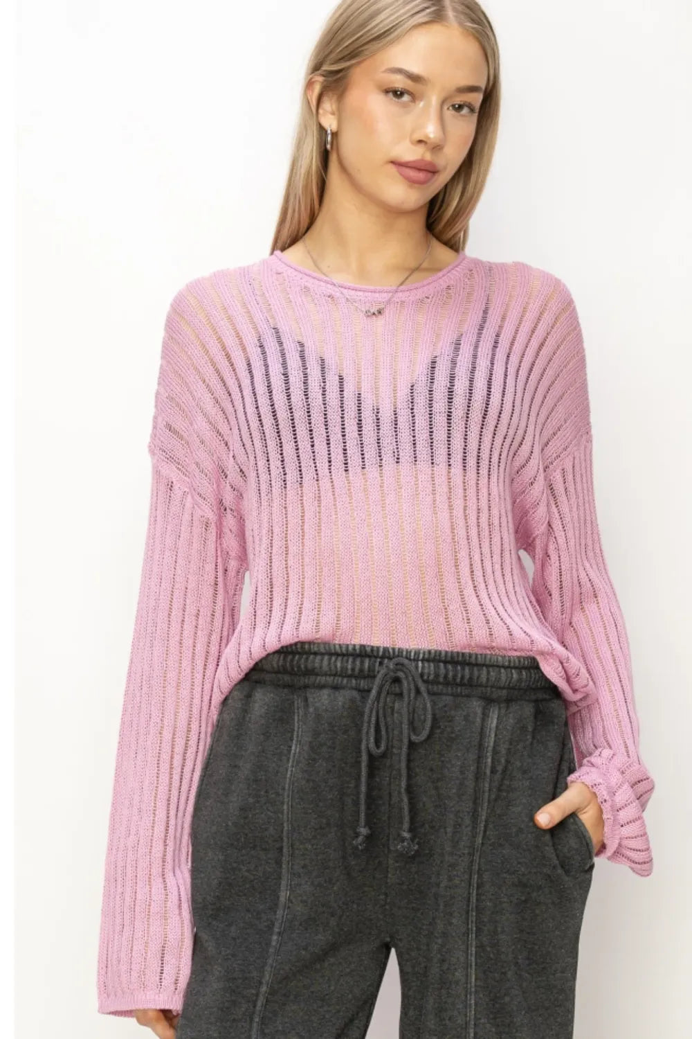HYFVE Openwork Ribbed Long Sleeve Knit Top PINK 2a40820d-c596-44f4-bb0b-4f1e58649291-Max