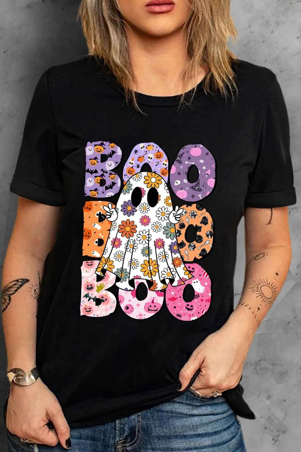 BOO Ghost Graphic Round Neck Short Sleeve T-Shirt Black 2a4da0c2-bfb5-4698-ab3a-81a1527a119f-Max