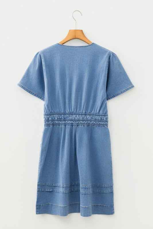 Denim Elastic Waist Short Sleeve Mini Dress 2a5f1e32-b8d9-48e5-bcca-948963e6ee85