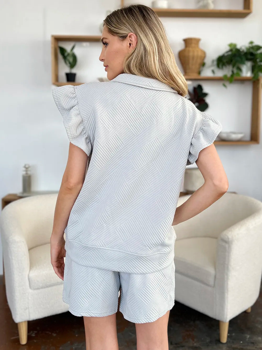 Double Take Full Size Texture Flounce Sleeve Top and Drawstring Shorts Set 2a5f3d26-a214-44cd-aa32-729f37f90286-Max