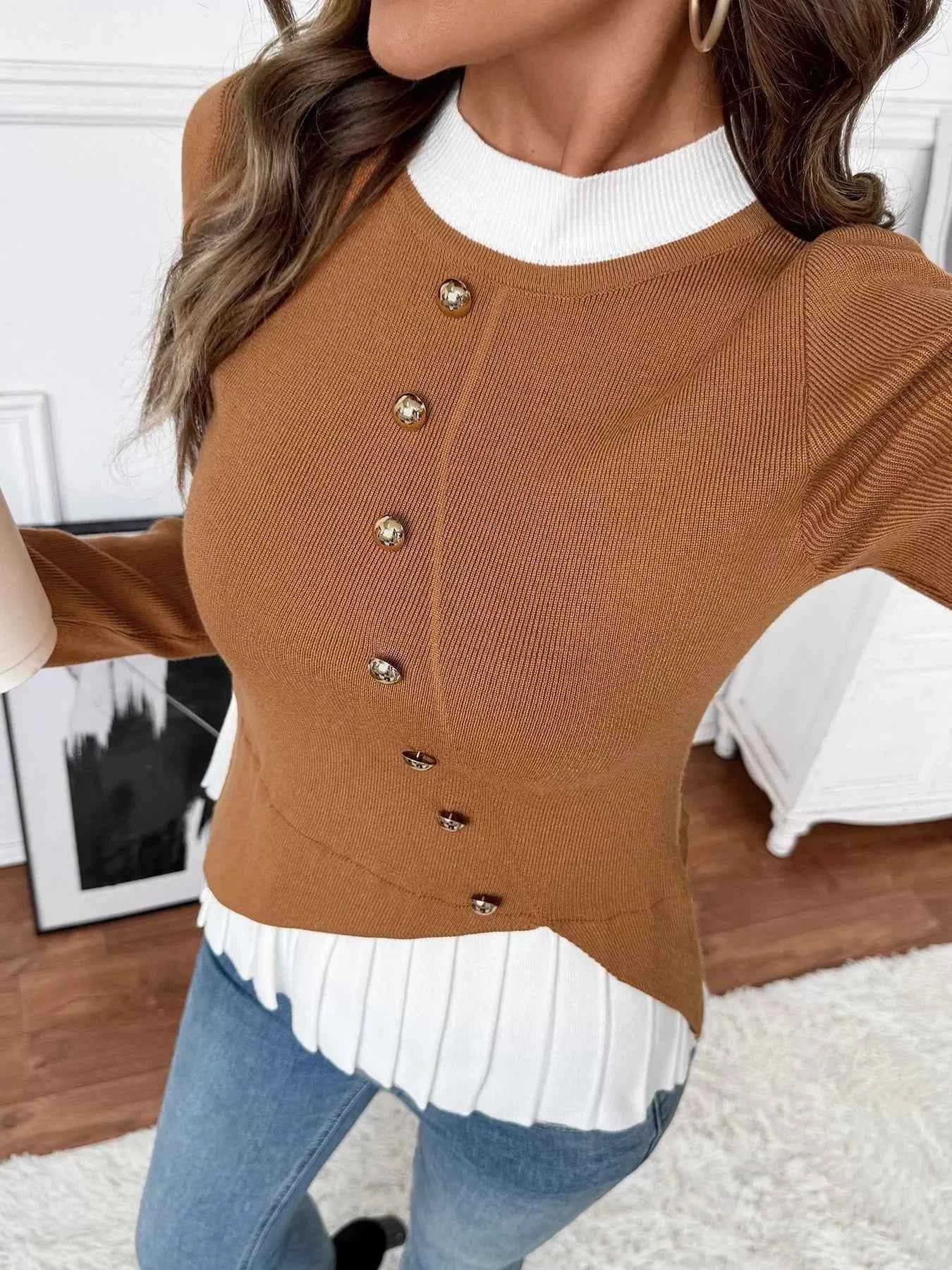 Decor Button Contrast Hem Knit Top