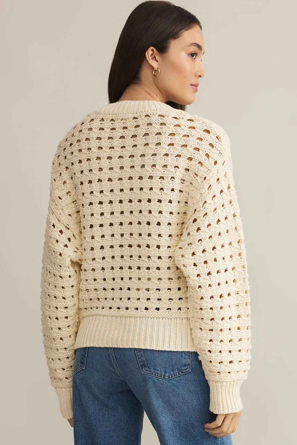 Beige Hollowed Pattern Knit Zip Up Drop Shoulder Cardigan 2a6291f066d4b024