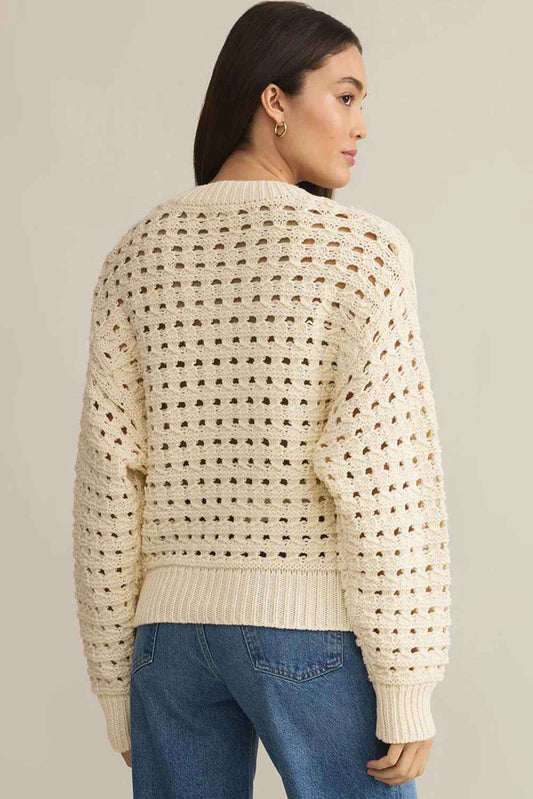 Beige Hollowed Pattern Knit Zip Up Drop Shoulder Cardigan 2a6291f066d4b024
