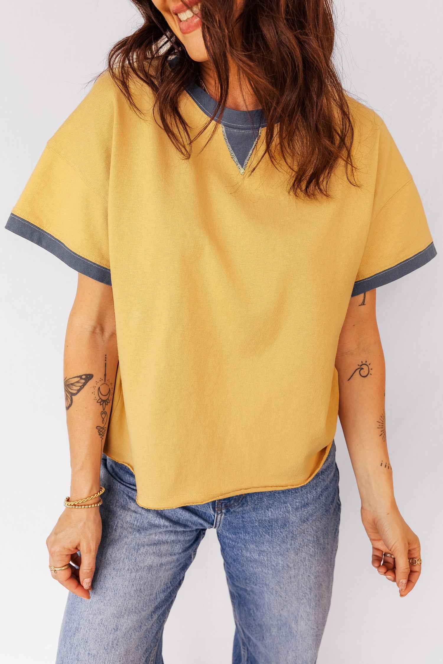 Banana Cream Contrast Trim Raw Hemline Short Sleeve Loose Top Banana Cream 100%Cotton 2a65a0cbc8442995