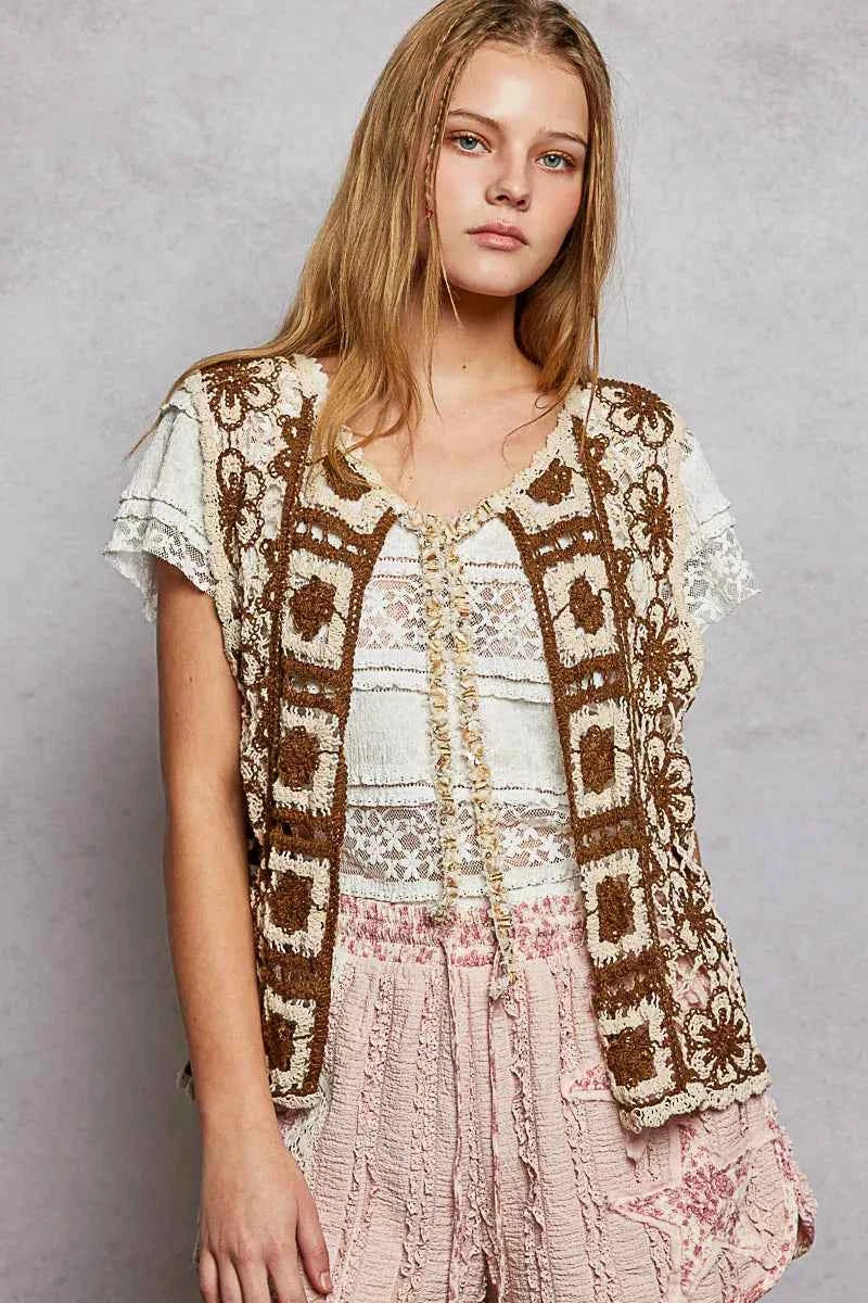 POL Tie Front Floral Pattern Crochet Vest with Scalloped Edge NATURAL CHOCO One Size 2a6c9bec-45cb-4365-849c-b0eb3697e23a-Max-Origin