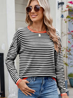 Striped Contrast Round Neck Long Sleeve Sweater 2a709d6e-26af-45d3-ade2-811750a1c6d8-Max