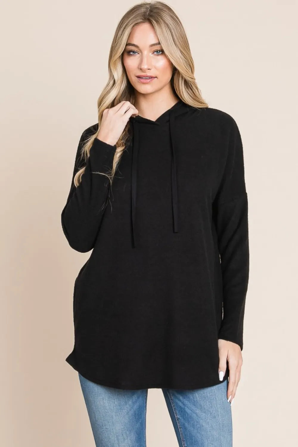 BOMBOM Contrast Drawstring Drop Shoulder Knit Hoodie Black 2a71ce26-a7ca-4d30-a0f9-c7c83b078960-Max