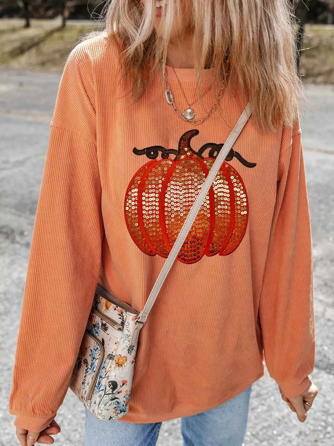 Halloween Sequined Pumpkin Ribbed Round Neck Sweatshirt 2a796615-ea31-4d26-9181-e81db2355c45-Max-Origin