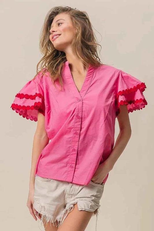 Dot Trim Flutter Sleeve Notched Top 2a7b947ed23148f5acf79185be5a3afe-Max-Origin