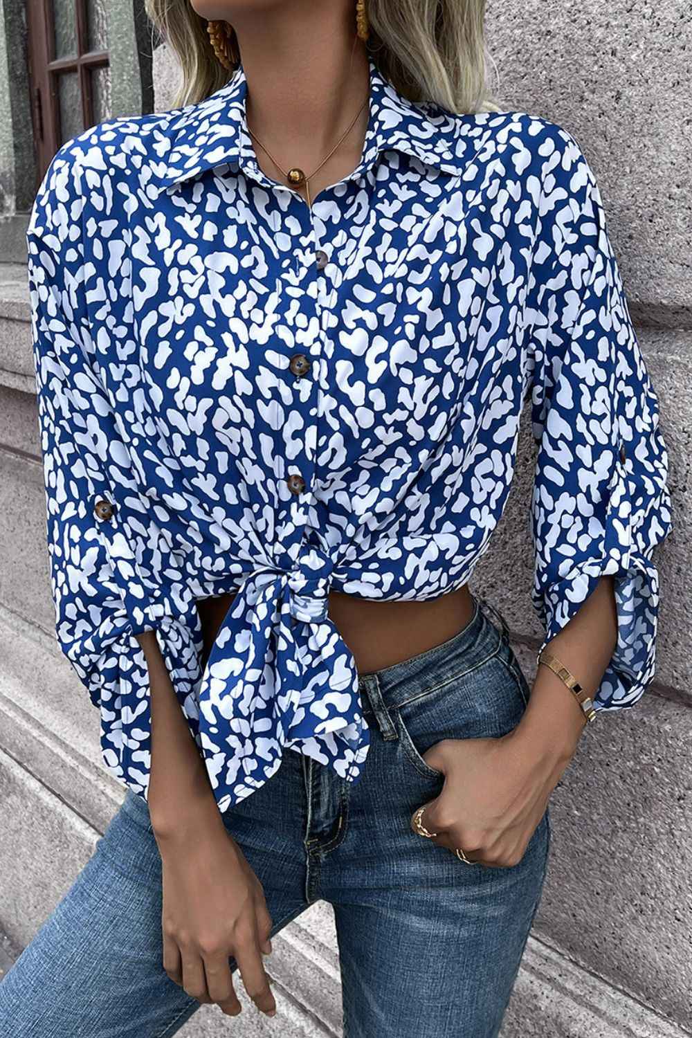 Ivy Lane Leopard Roll-Tap Sleeve Shirt Sky Blue 2a7c62dd85ca49e1a1fa27a9a6f2e0b0-Max