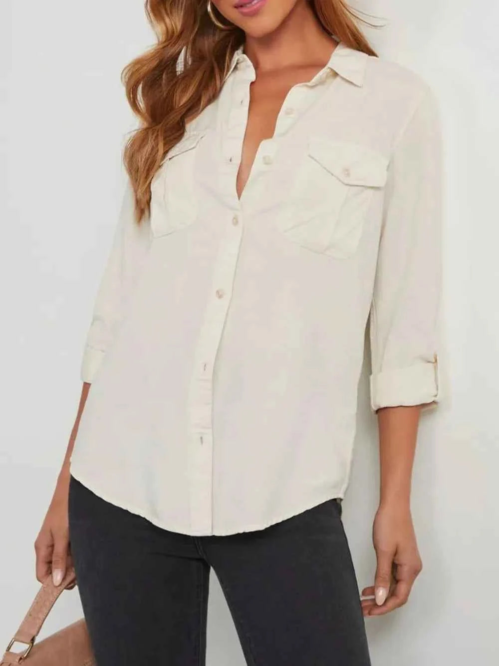 Collared Neck Roll-Tab Sleeve Denim Top White 2a80aa02-b9da-4241-8bfc-2dae3c9cce14-Max