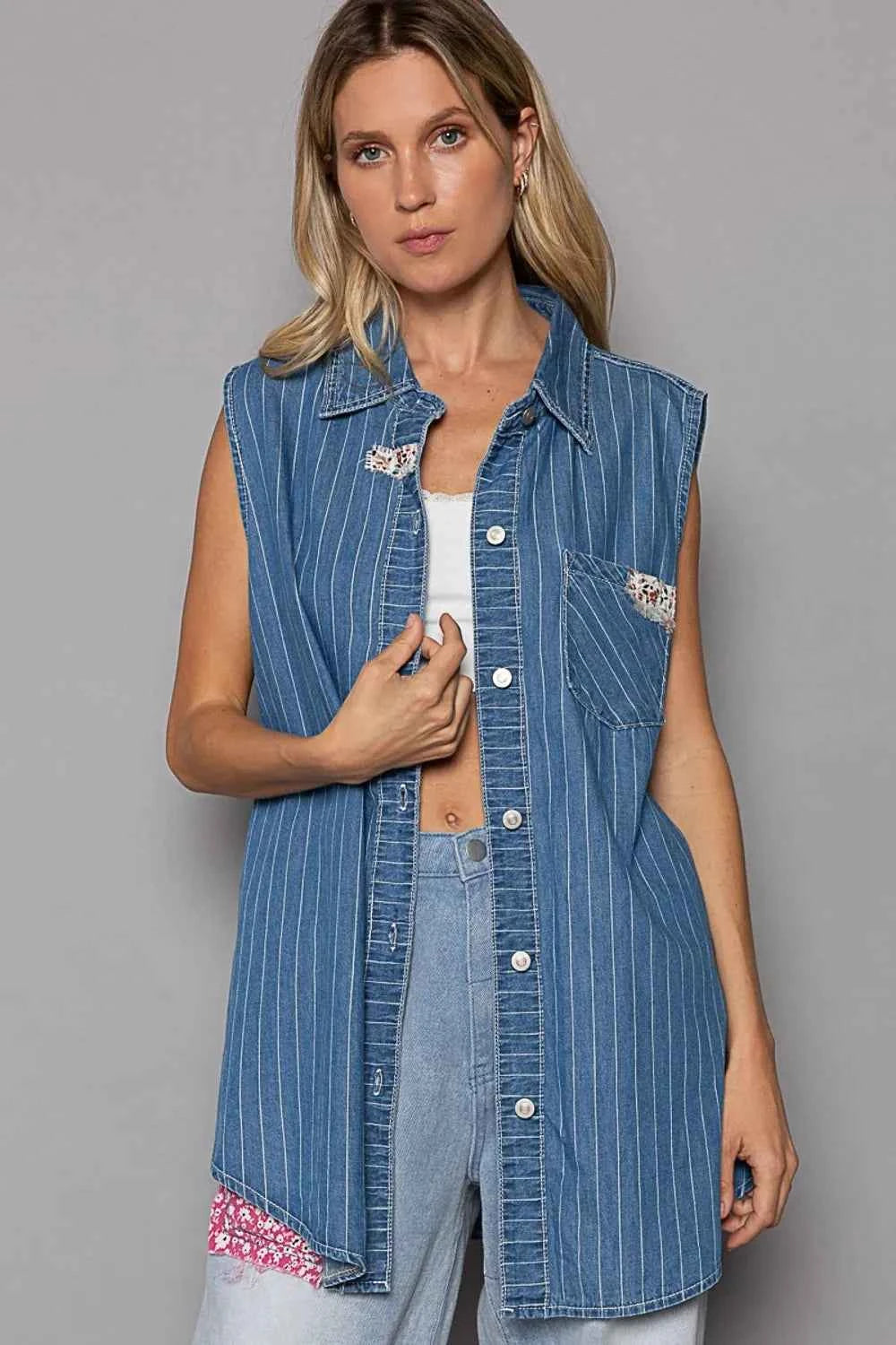 POL Button Down Sleeveless Striped Denim Shirt 2a80d730-998e-4065-b634-e8d22534ff87-Max