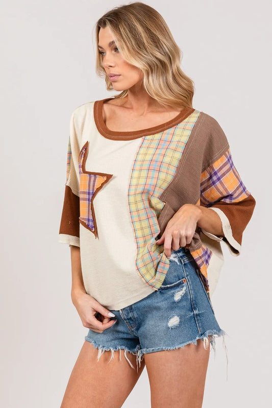 SAGE + FIG Full Size Round Neck Plaid Star Patch T-Shirt Plus Size 2a8162b0-82eb-480c-b544-cee4c5955867-Max