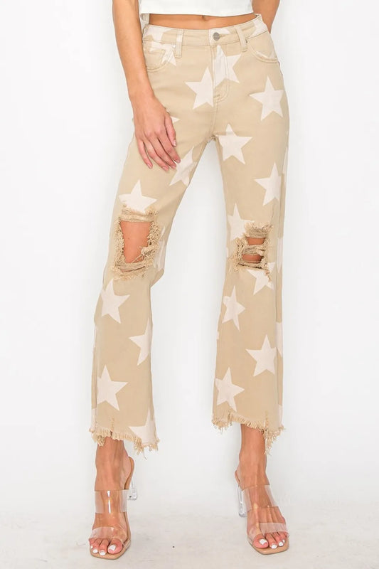 RISEN Full Size High Rise Star Printed Frayed Hem Jeans Khaki 2a81b969-94bc-44df-920a-79c3f51a152b-Max