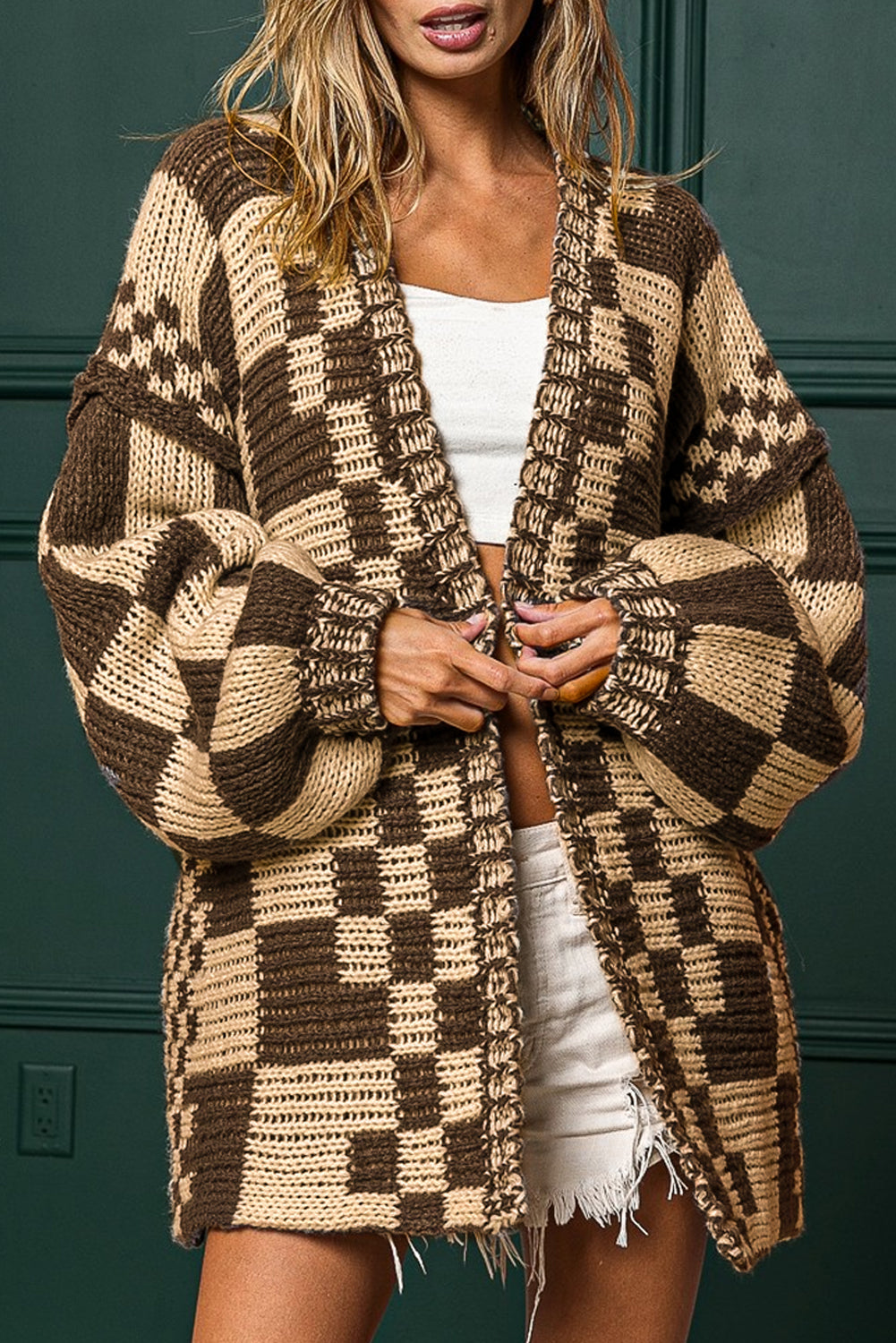 Dark Grey Colorblock Checked Loose Fit Open Front Knitted Cardigan Dark Brown 100%Acrylic 2a81ef34cb094ba9