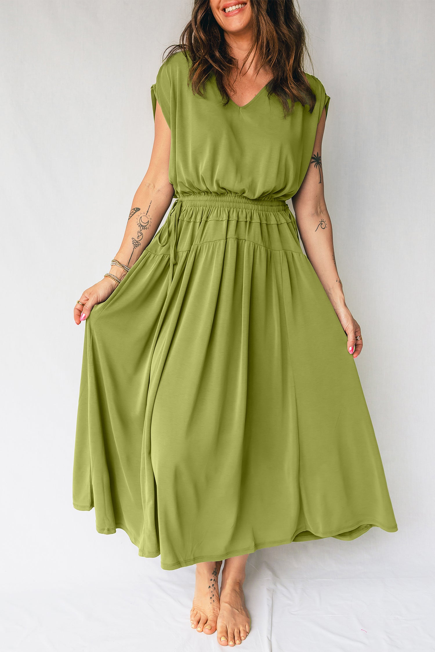 Fern Green Solid V Neck Cap Sleeve Tunic Elastic Waist Versatile Maxi Dress Fern Green 93%Viscose+7%Elastane 2a820d1ae3301c88