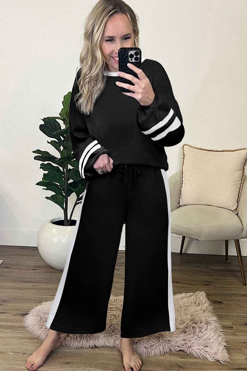 Mineral Red Varsity Stripe Patchwork Puff Sleeve Pullover Drawstring Wide Leg Pant Set 2a835c7358402d91