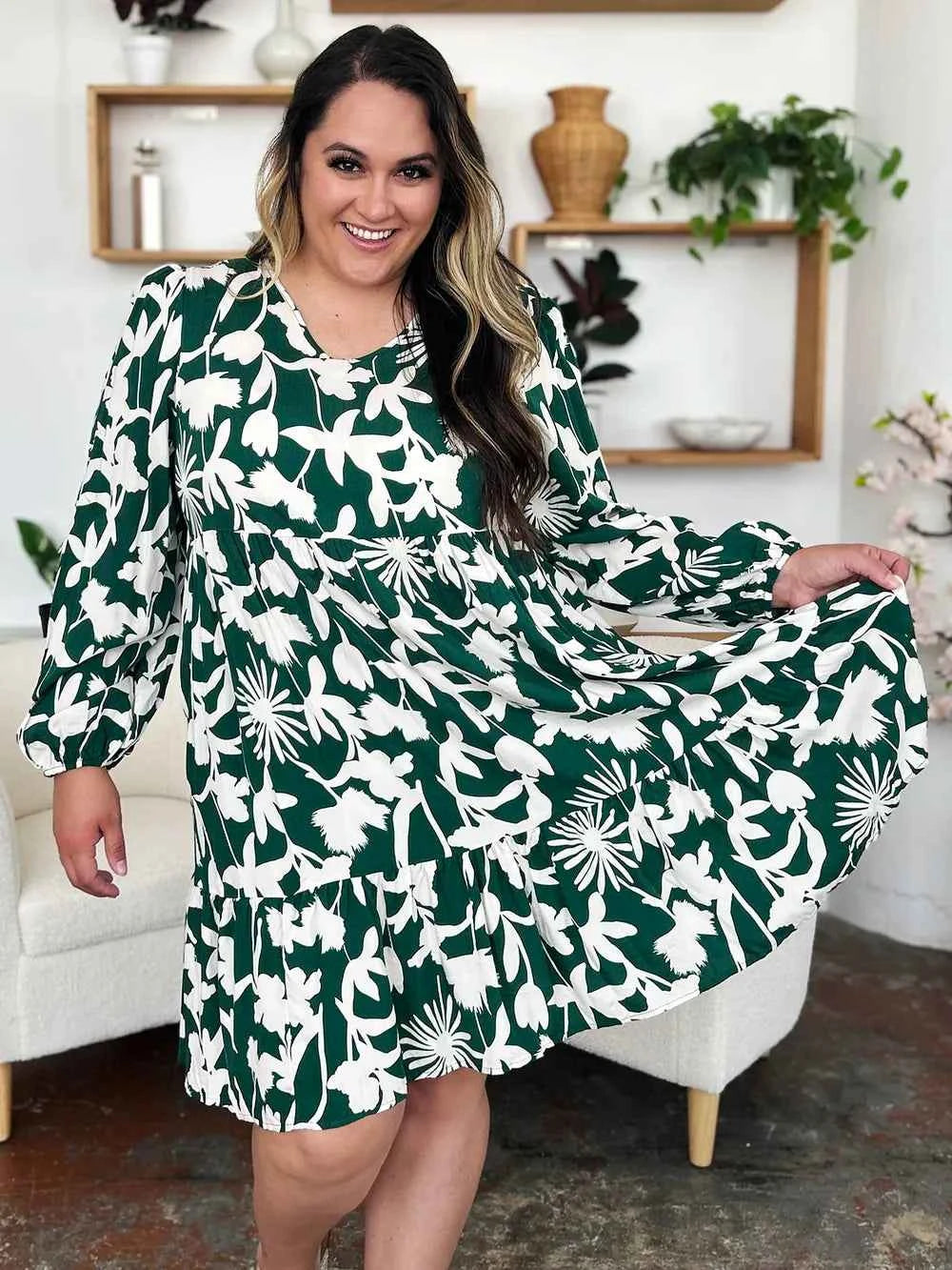 Double Take Full Size Printed Ruffle Hem Dress with Pocket 2a85ab84-1565-4167-8b5c-07e0e6d29bf4-Max