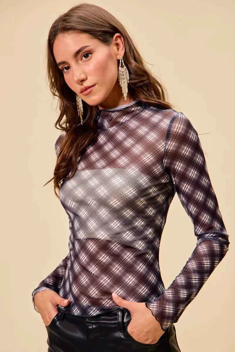 Plaid Mesh Knit Long Sleeve Top with Thumb Opening 2a866294708a480a9077c07ffbd9989c-Max-Origin
