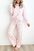 Pink Santa Claus Striped Print Loose Fit Two Piece Loungewear Set Pink 95%Polyester+5%Elastane 2a86fe28ba20d1f7