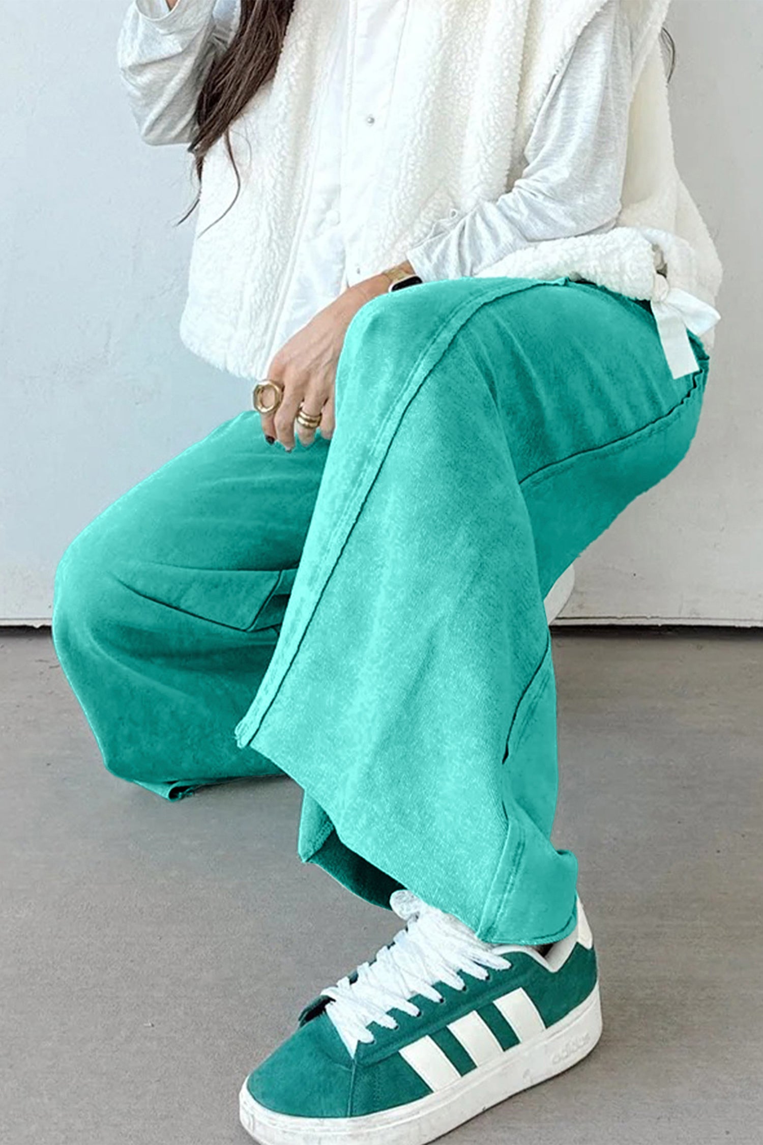 Sea Green Mineral Wash Drawstring Elastic Waist Raw Hem Loose Pants 2a8ecd07f5d5443f