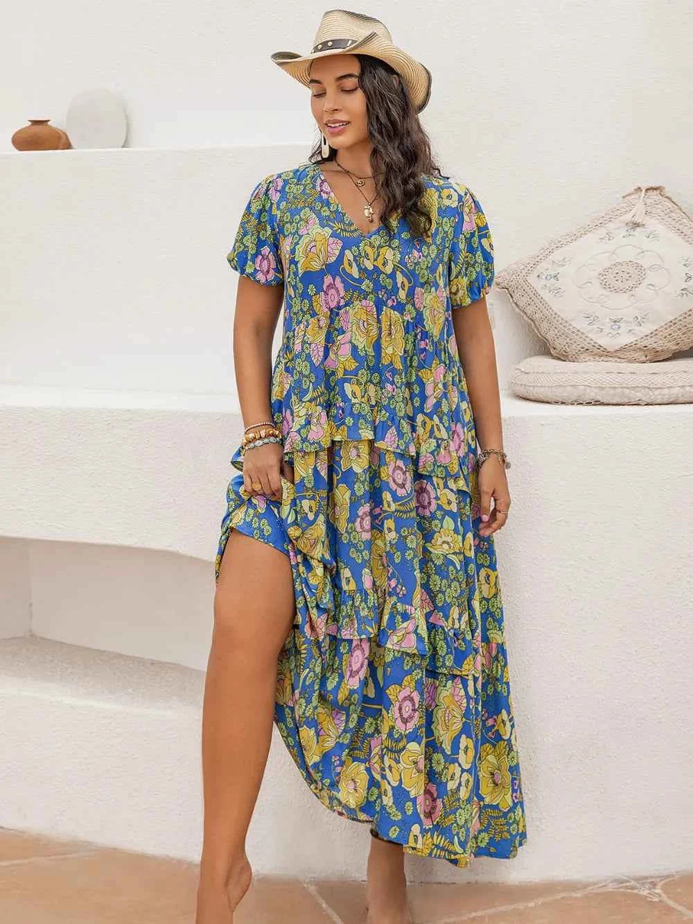 Plus Size Printed V-Neck Short Sleeve Maxi Dress 2a929c41-f8d0-4cd3-b0c2-85cffda79f46-Max