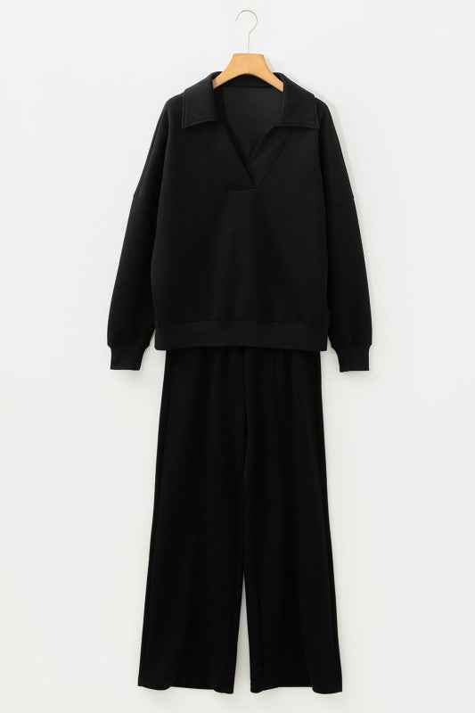 Solid Collared V-Neck Sweatshirt & Sweatpants Set Bristol Black 2a942035-28a0-4b96-9fef-2c272d455927