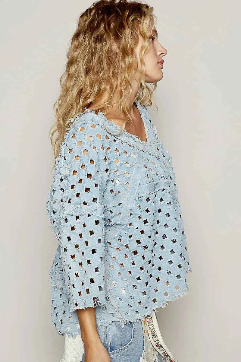 POL V-Neck Short Sleeve Top with Laser Cut Detail 2a95e256-9c5e-45d8-95ad-a70166e53bfb-Max-Origin