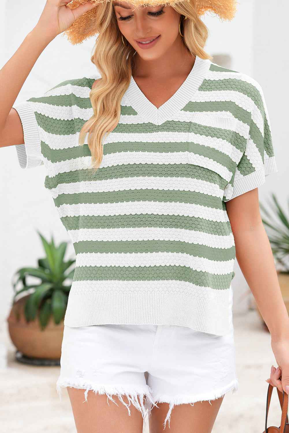 Green Stripe V Neck Short Sleeve Sweater with Side Slits 2a9f7e64d6d56809