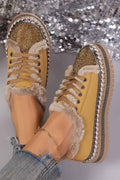 Thai Curry Fur Trimmed Patchwork Lace Up Platform Sneakers Thai Curry PU Leather 2aa1cc65d9af4e86