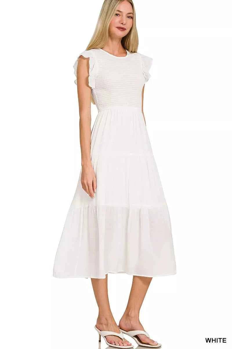 Zenana Woven Smocked Ruffle Sleeve Midi Dress 2aa30de4d1e04279b42f89c2a0b2923d-Max-Origin