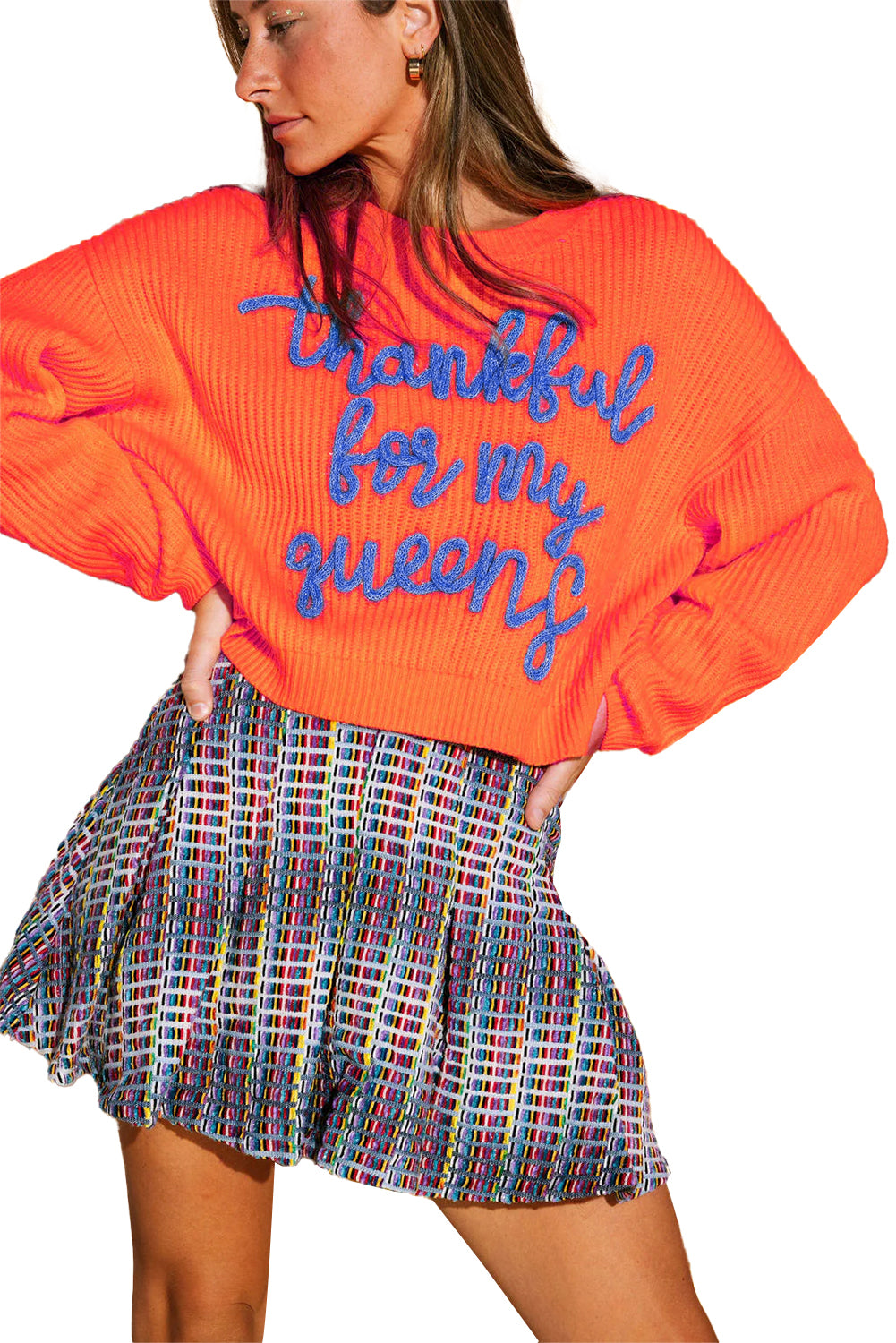 Vitality Orange Thankful for my queens Ribbed Knit Drop Shoulder Graphic Sweater Vitality Orange 65%Acrylic+35%Polyamide 2aa5a09c41b0b1bb
