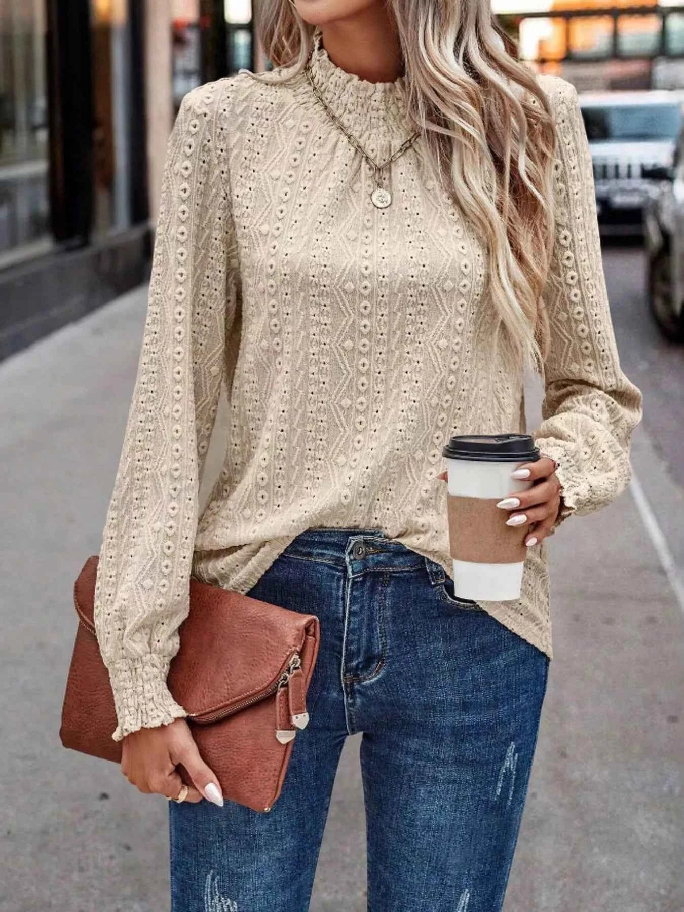 Texture Mock Neck Long Sleeve Blouse 2aae6f7db9c54594a39a1fc933085cf4-Max-Origin