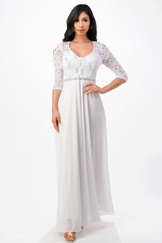 Plus Size A-Line Evening Dress – 3/4 Sleeve Lace Rhinestone Waist Gown Off White 2ab0c630-5332-4aaa-91b5-f584a96fea6f