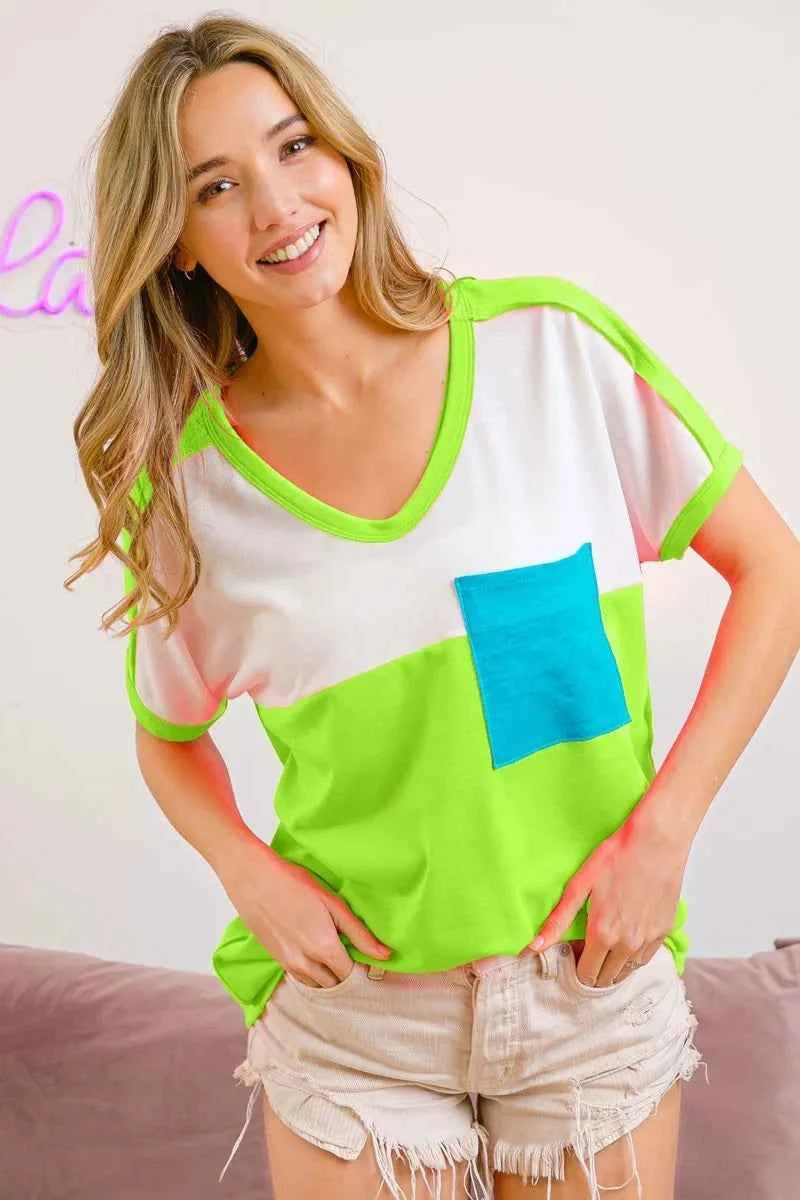 BiBi Color Block Neon Trim Pocket T-Shirt NEON GREEN 2abbdd36440c4af893a7968bd47aa9a6-Max-Origin