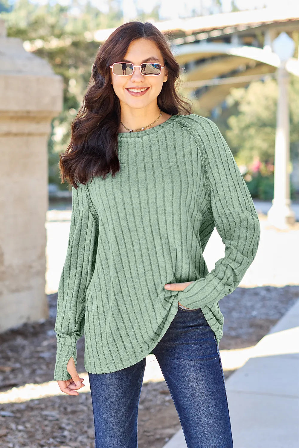 Basic Bae Full Size Ribbed Round Neck Long Sleeve Knit Top Light Green 2abde262c0814b1bbf8800f5ed9aab08-Max