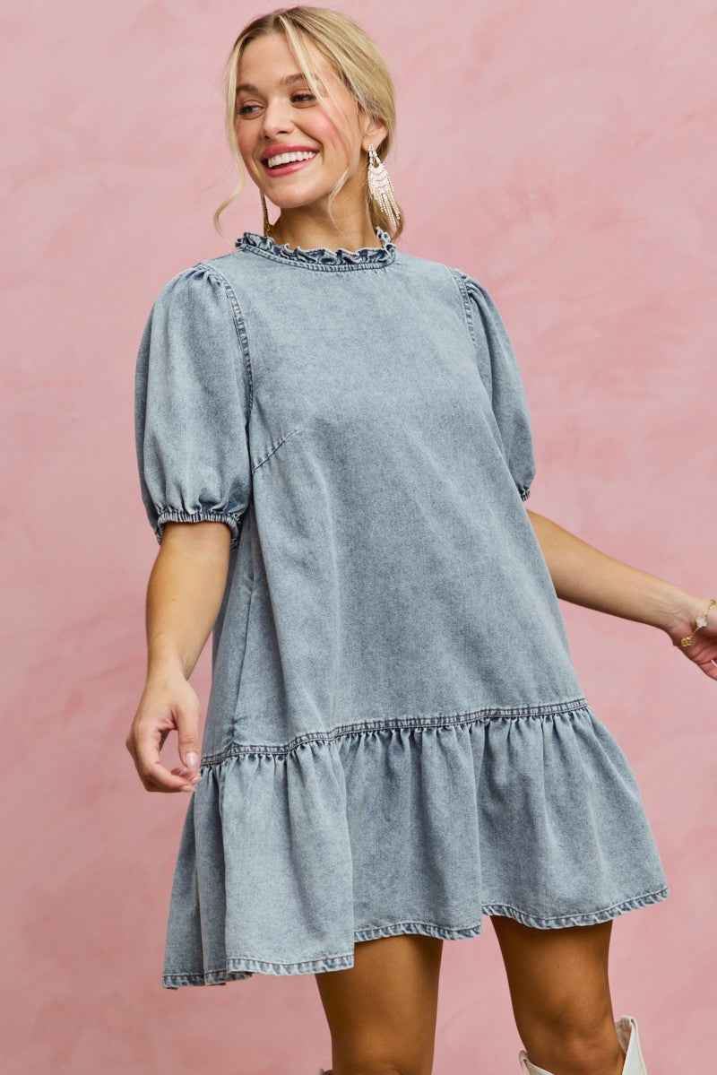 SO ME Denim Short Sleeves Mini Tiered Dress 2abe73718efe4a6ba3257c4b3e5369ff-Max