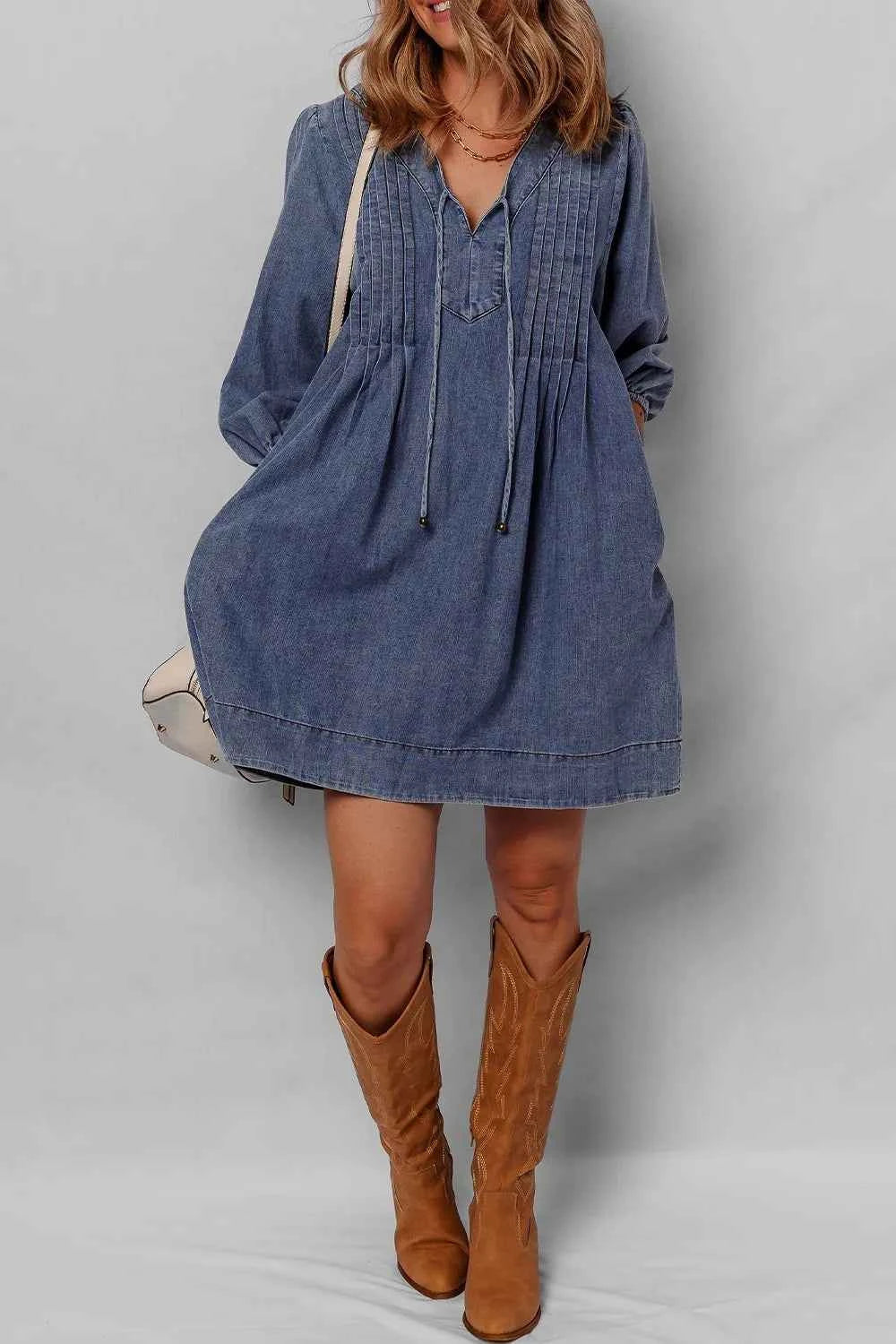 Tie Neck Long Sleeve Mini Denim Dress 2ac81248-9348-4fed-9c71-45749c9b242a-Max-Origin