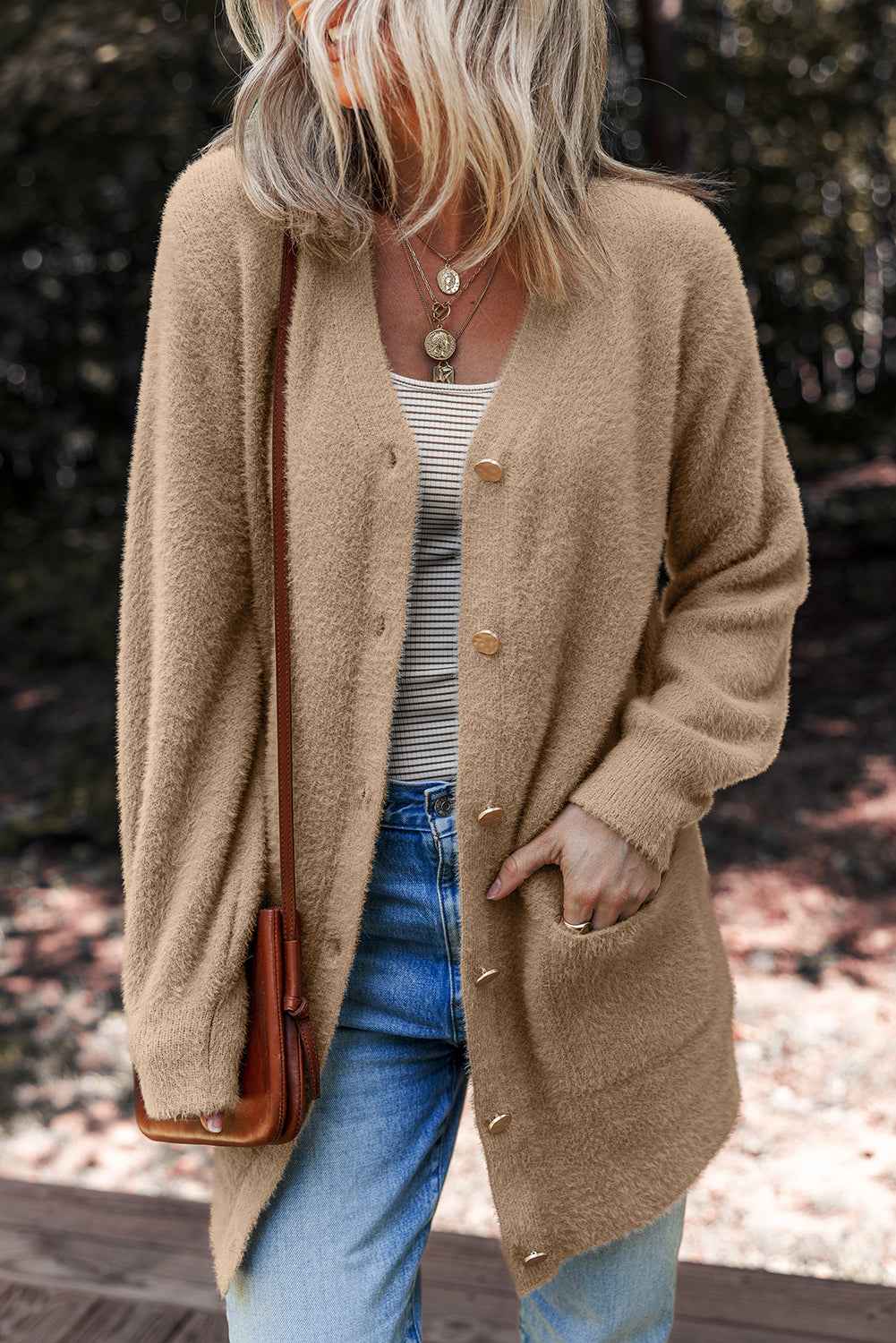 White Fuzzy Buttoned Front Midi Solid Cardigan Smoke Gray 52%Viscose+26%Polyester+22%Polyamide 2ac9ae35008535a3