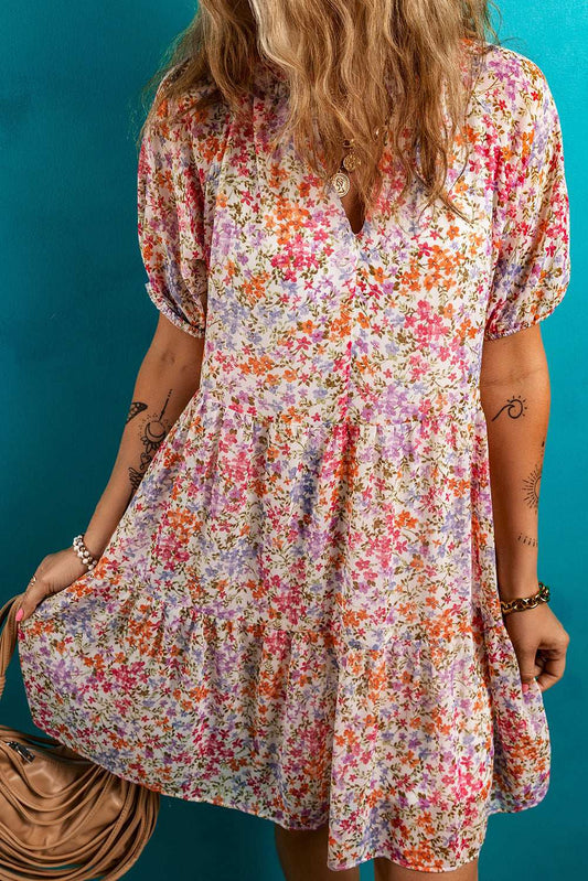 Red Floral Print Notched V Neck Puff Sleeve Tiered Mini Dress Red 2ac9e74d673c973e-_1