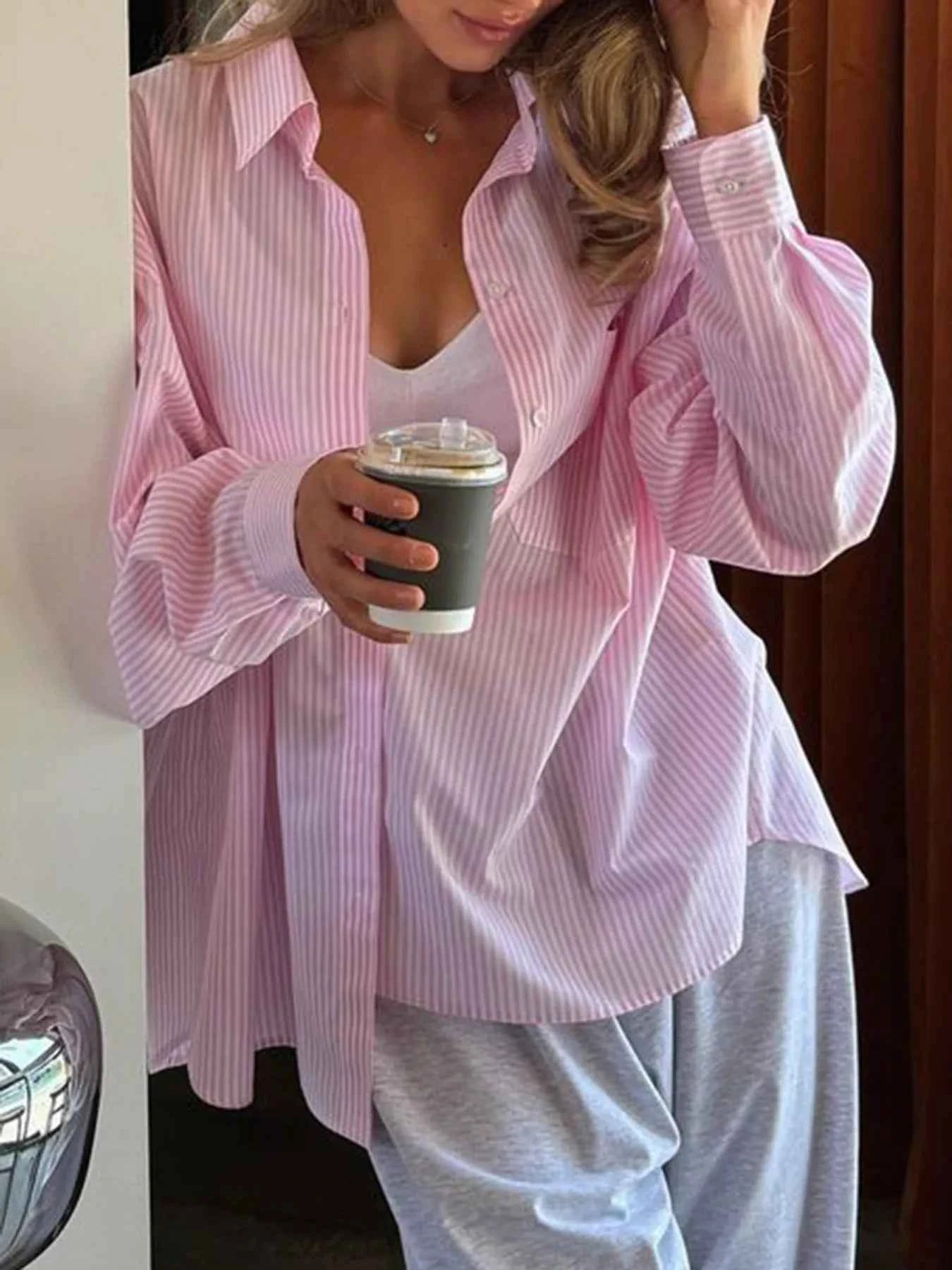 Collared Neck Long Sleeve Striped Button-Up Shirt Pink 2acc7ddbc5574e58a165452c08c96e6e-Max-Origin