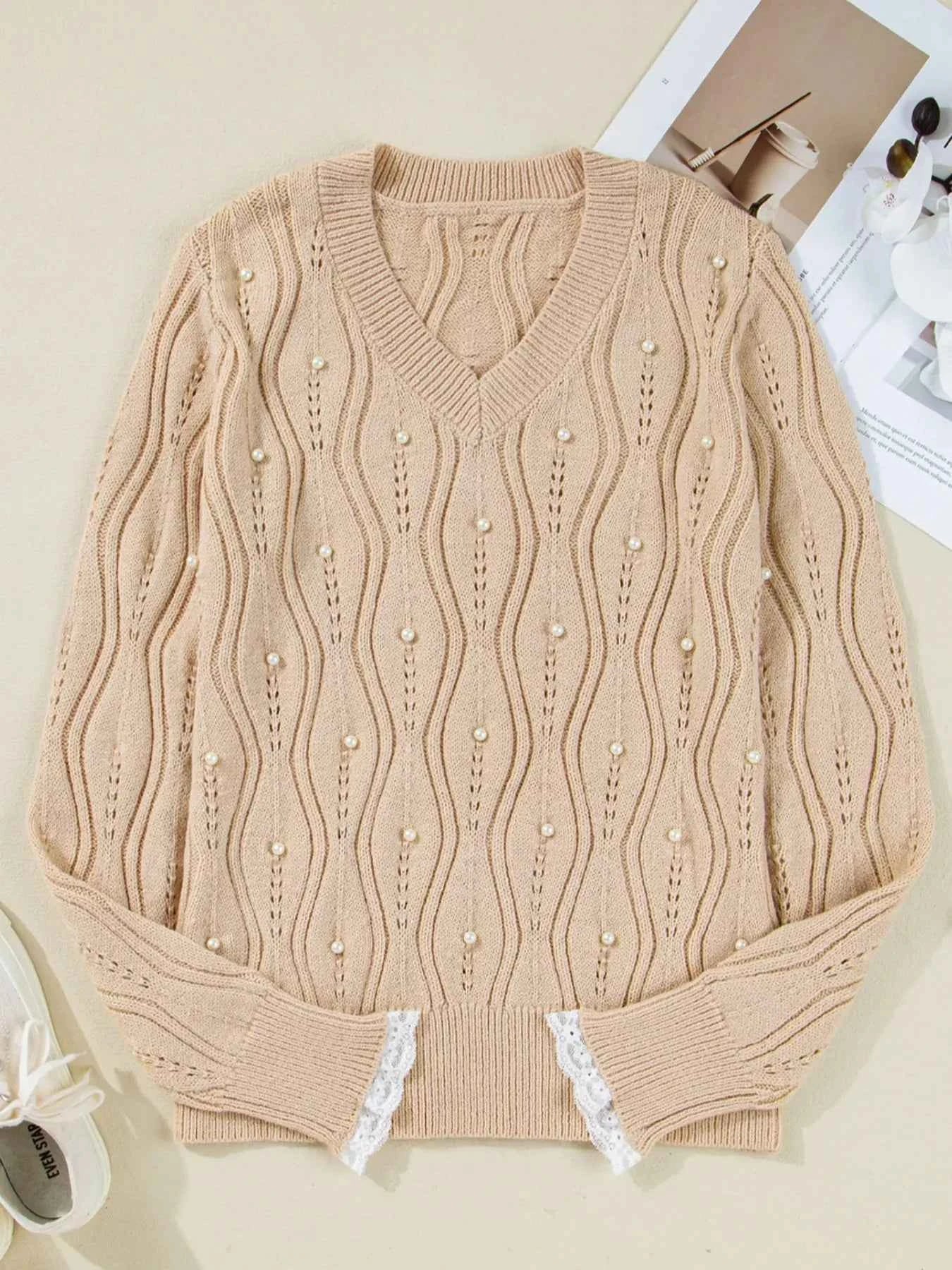 Pearl-Embellished V-Neck Pullover Sweater 2ad2a87b-1660-4cfb-875b-daa109bca149-Max-Origin