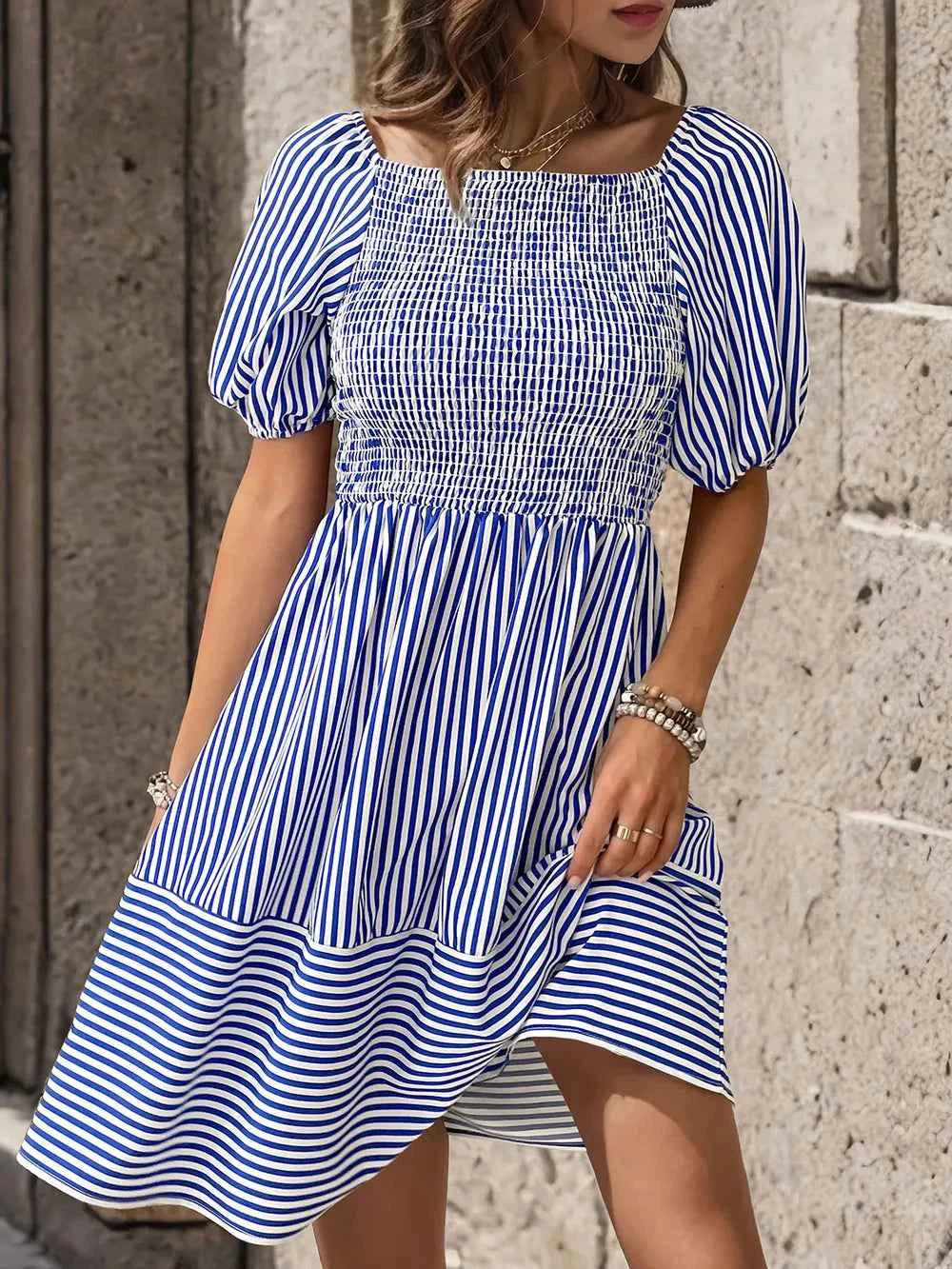 Perfee Smocked Striped Balloon Sleeve Mini Dress 2adee5d7-a35d-4822-ae14-ee5eb730d6f9-Max