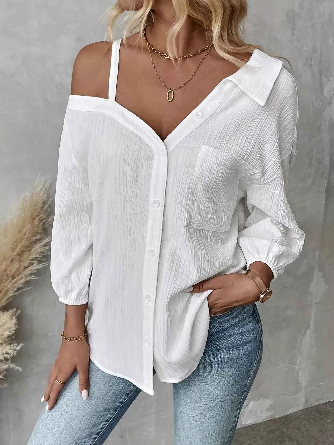 Asymmetrical Cold Shoulder Button Up Shirt