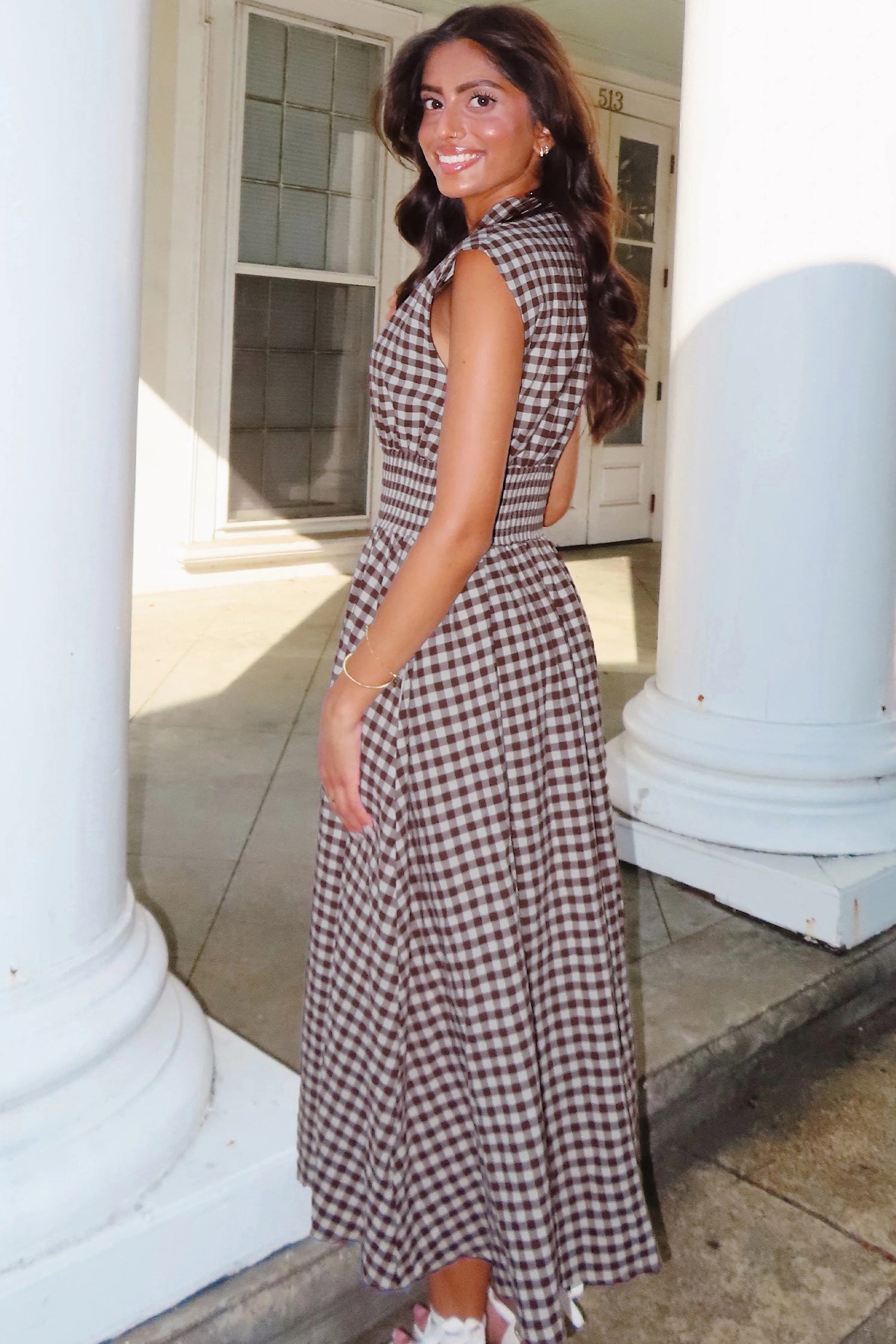 Coffee Plaid Print Full Zipper Cinched Waist Fit Flare Sleeveless Maxi Dress 2ae453f428c83d08