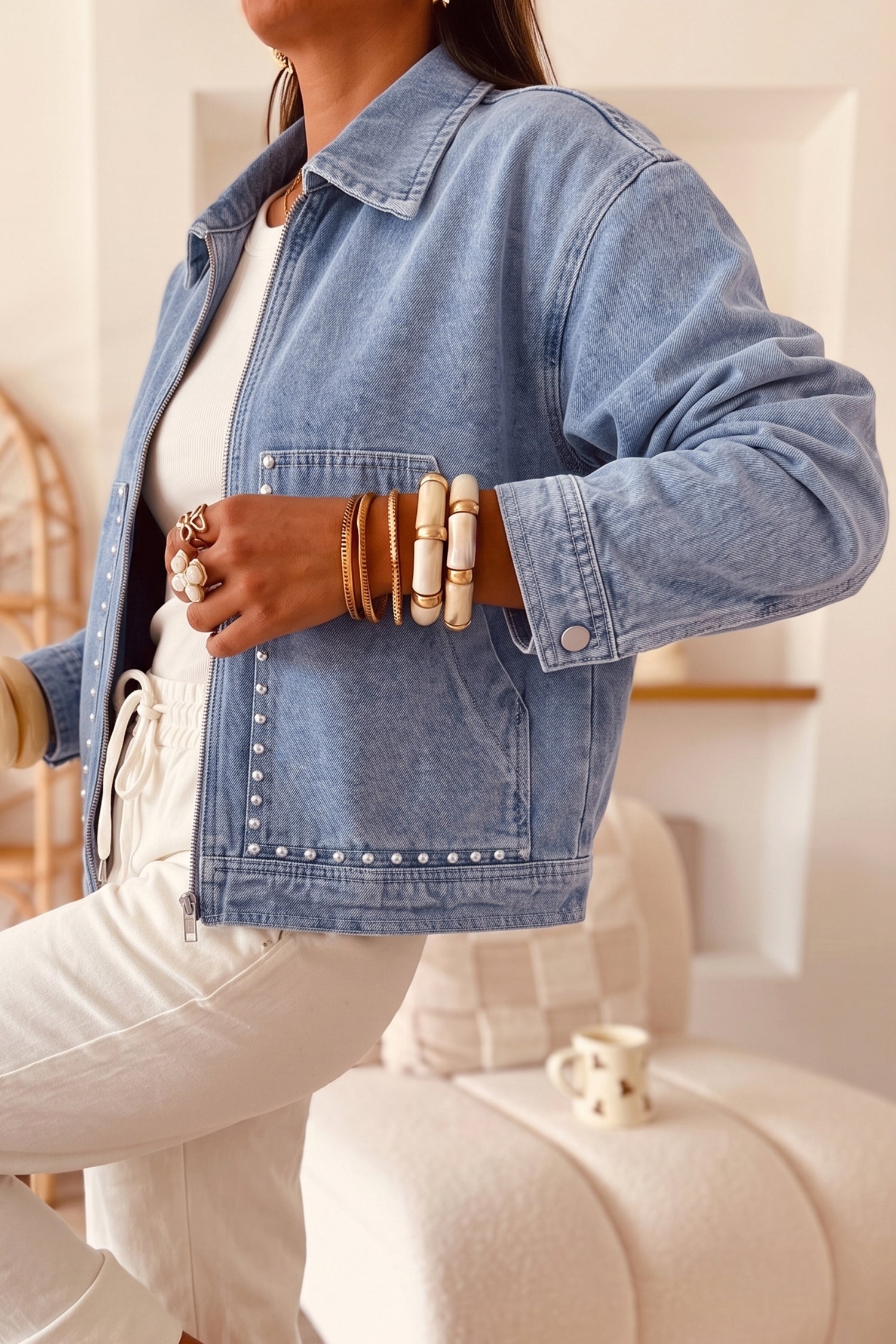Beau Blue Studded Metal Zipper Rivet Pockets Long Sleeve Denim Jacket 2ae739c580b5e9d8