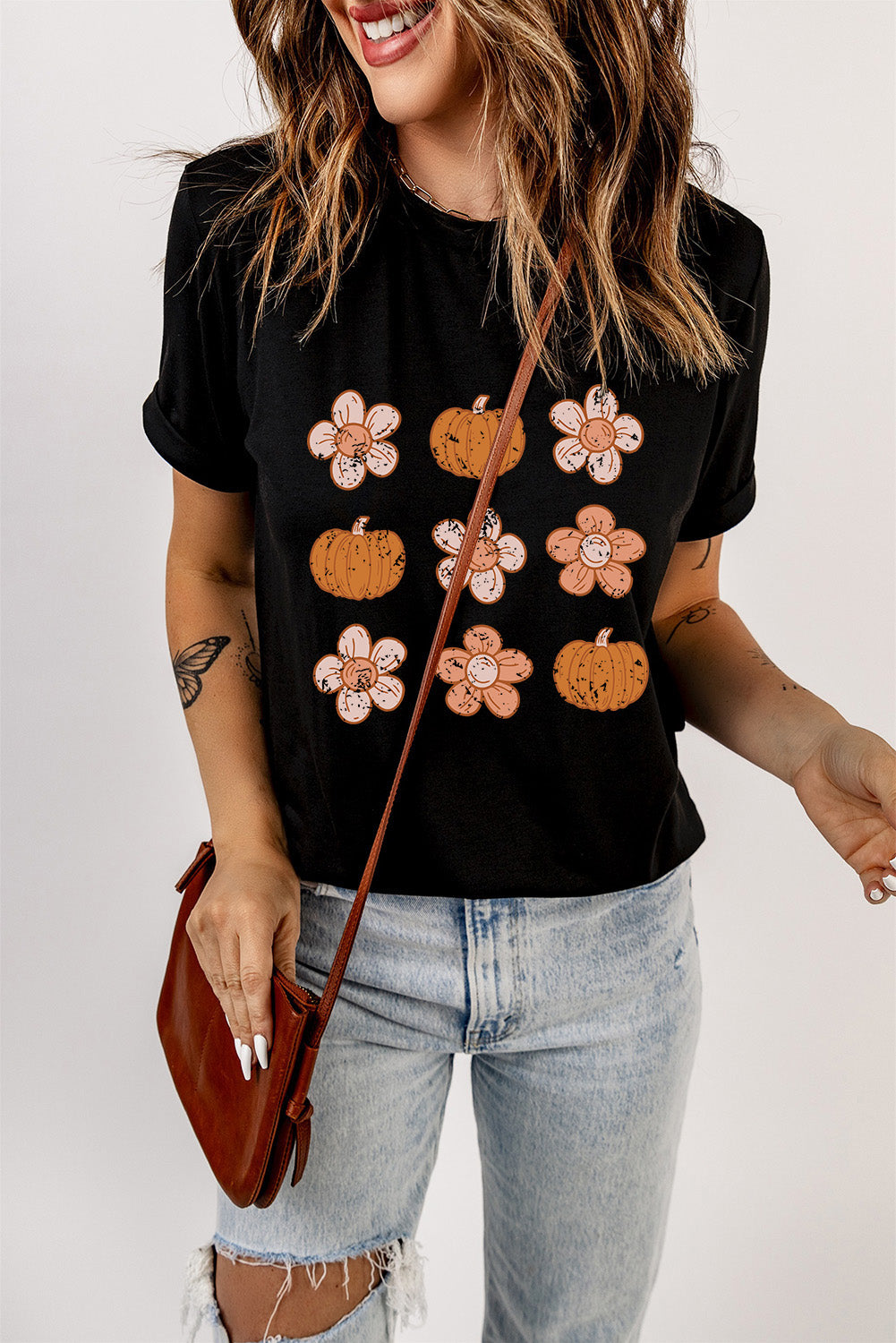 Black Pumpkin Flower Print Short Sleeve Graphic T Shirt Black 95%POLYESTER+5%ELASTANE 2af33691d32f9e82