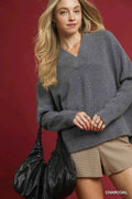 Umgee V-Neck Sweater with Wide Trim Detail CHARCOAL 2af4db07-cecc-458a-b231-ebabe3a78ddf-Max-Origin