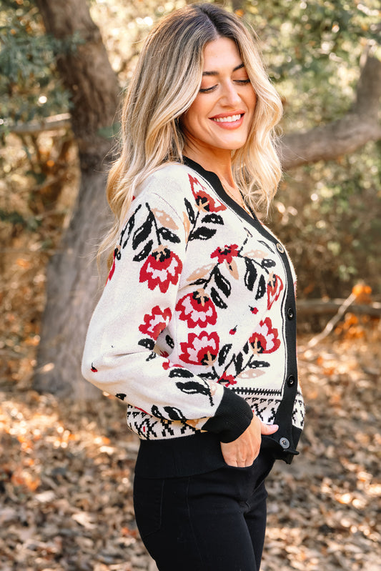 Beige Floral Print Buttoned Front V Neck Knit Cardigan 2afe5a7405483742