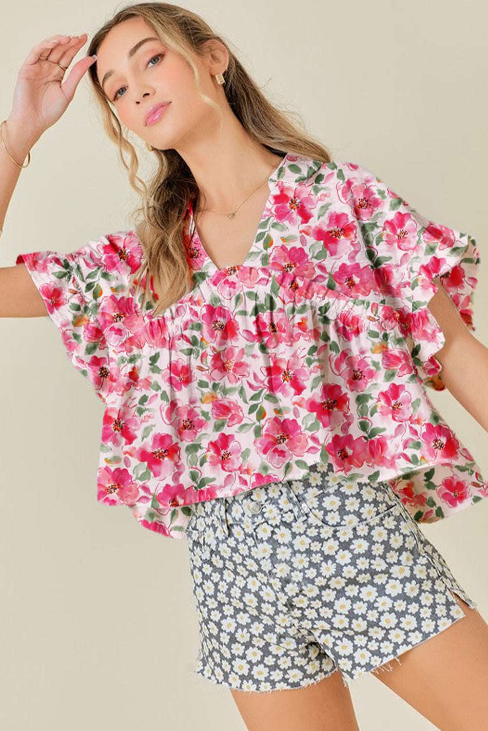 Yellow Allover Floral Print Boxy Fit V Neck Blouse 2aff1be2ce483b83-_11